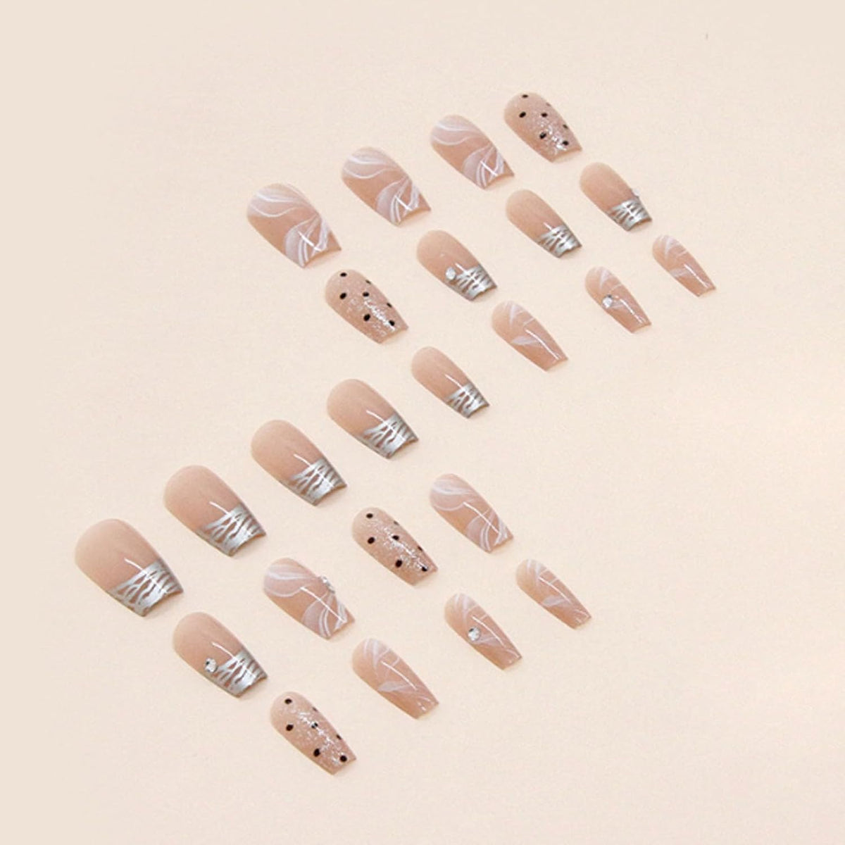 Hkanlre Silver Press on Nails Medium Fake Nails Tips Full Cover French False Square Dot Nails for Women and Girls 24PCS