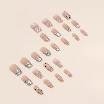 Hkanlre Silver Press on Nails Medium Fake Nails Tips Full Cover French False Square Dot Nails for Women and Girls 24PCS