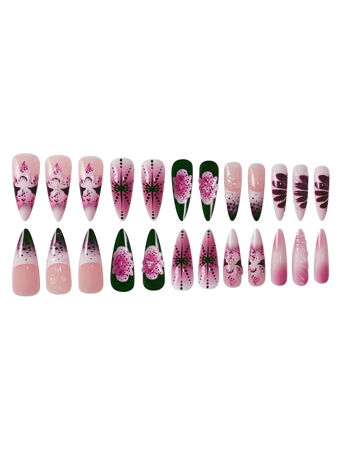 Long Press on Nails Almond Fake Nails Purple French Artificial Nail with 3D Flowers Designs Glitter Summer and Fall Cute Stick on Nail for Women 24pcs