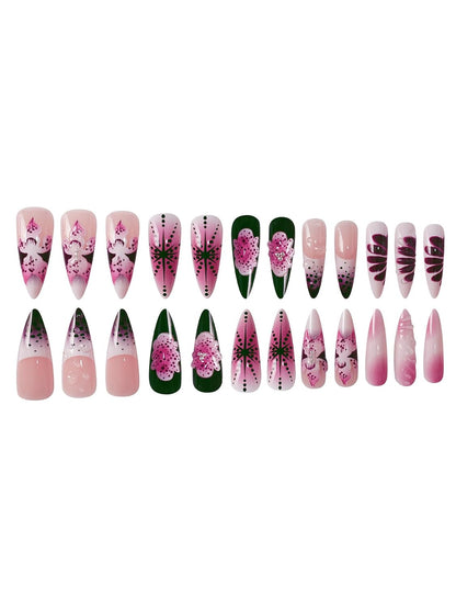 Long Press on Nails Almond Fake Nails Purple French Artificial Nail with 3D Flowers Designs Glitter Summer and Fall Cute Stick on Nail for Women 24pcs