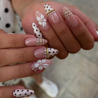 Long Press on Nails Almond Fake Nails Purple French Artificial Nail with 3D Flowers Designs Glitter Summer and Fall Cute Stick on Nail for Women 24pcs
