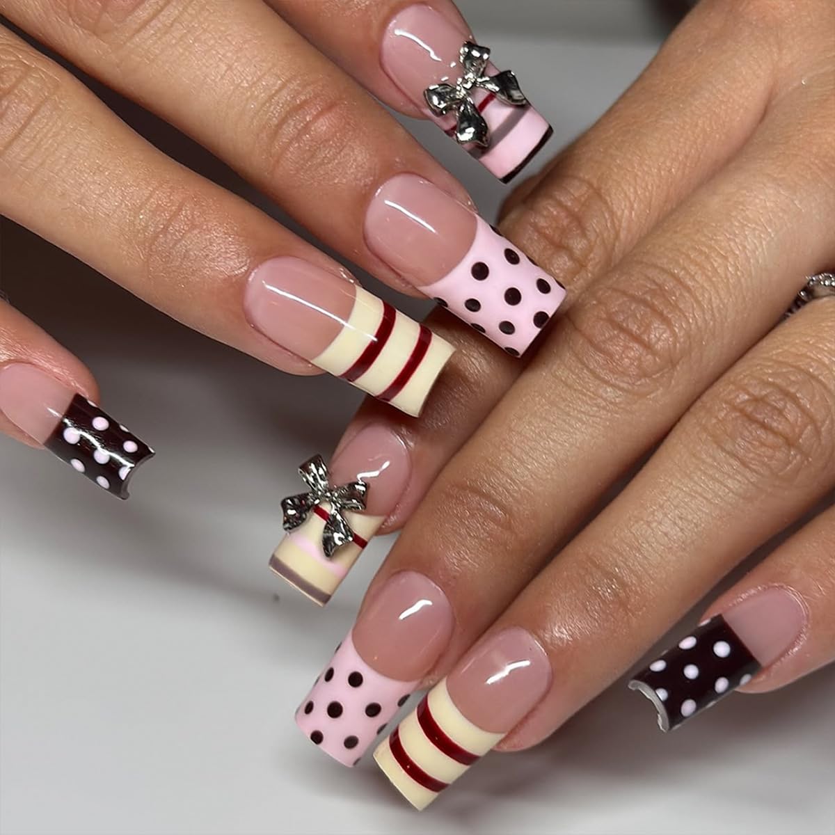 Long Square Press on Nails - Leopard Print French Tip Fake Nails Press ons with 3D Gold Pearl and Red Flower Designs, Glossy Reusable Autumn Winter Stick on False Nails for Women 24PCS