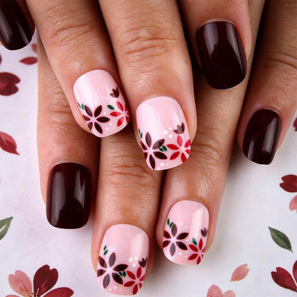 French Tip Press on Nails Short Almond Nude Fake Nails Press on with Polka Dot Design Stripe False Nails Glossy Full Cover Summer Nails for Women 24Pcs