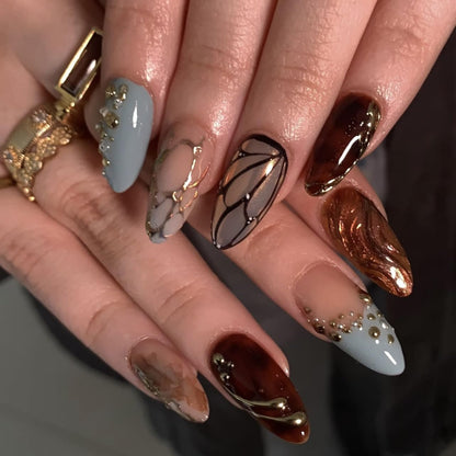 Spring Fake Acrylic Press On Nails – Starry Sky Designer False Nails Medium Almond, Salon Quality, Glossy Reusable Stick-On Nails for Weddings, Outdoor Picnics & Parties | Gift for Women
