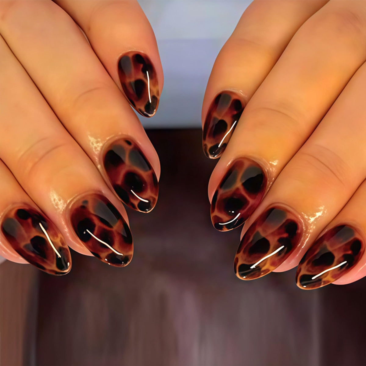 Dark Brown Tortoise Shell Press On Nails, Short Oval Fake Nails 24Pcs