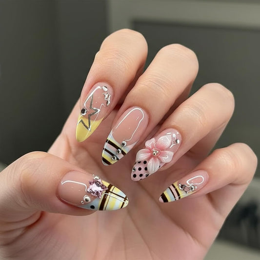 Long Almond Press on Nails 3D Flowers Fake Nail for Women 24Pcs