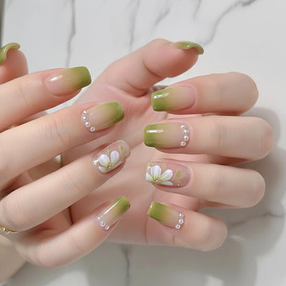 Press on Nails French Tip Fake Nails with Leopard Print 3D Flower Designs Gold Bead Star Medium Square Full Cover Stick on False Nail for Women 24 Pcs