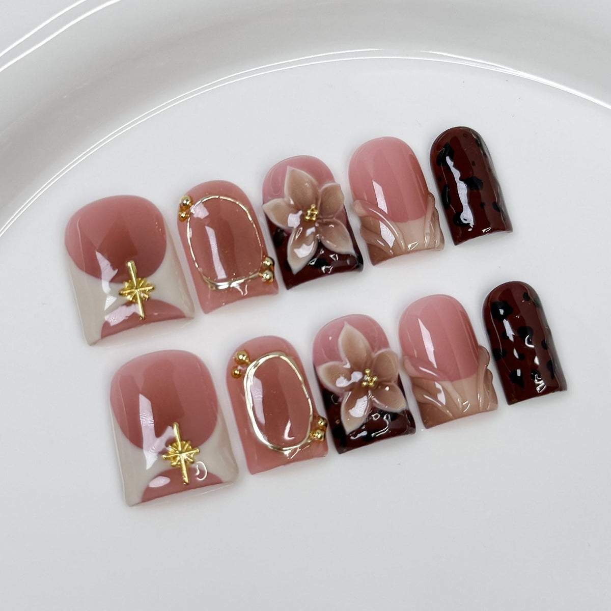 Handmade Press on Nails Short Almond Nude Polka Dot Glossy Reusable Fake Nails, Minimalist Beige Acrylic Press on Nails with White Dot Design for Women Girls 10 PCS(M)