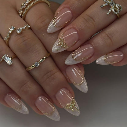Medium Press On Nails Almond Fake Nails French Tip Nails Press Ons With Leopard Print Designs 3D Bow False Nails Artificial Acrylic Glue On Nail Glossy Stick On Nail For Women Girls