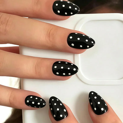 Handmade Press on Nails Short Almond Nude Polka Dot Glossy Reusable Fake Nails, Minimalist Beige Acrylic Press on Nails with White Dot Design for Women Girls 10 PCS(M)