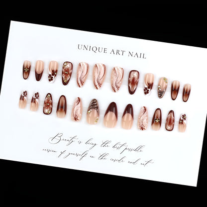 French Tip Press on Nails Medium Almond Fake Nails Brown Fall Nails Press Ons Brown Flower False Nails with Gold Rhinestones Design Glossy Glue on Nail Acrylic Stick on Nail for Women Set 24Pcs