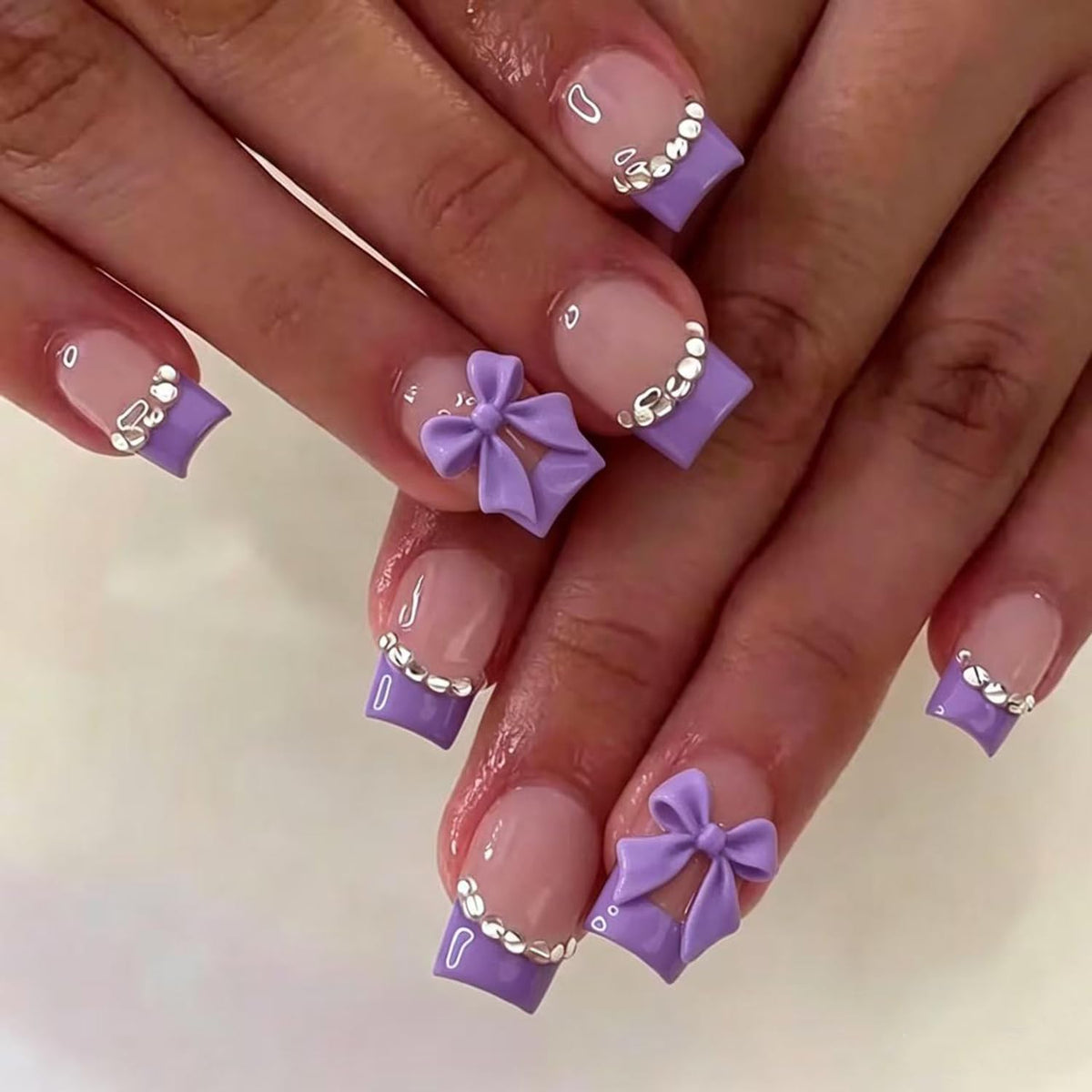 24Pcs Square Press on Nails Medium Length Fake Nails with Rhinestone Designs Bow Pink French Tip False Nails Cute Full Cover Reusable Stick on Nails for Women Girls Manicure Kit
