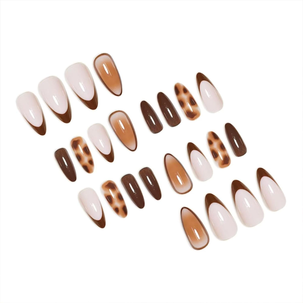 Almond Press on Nails Medium French Tip Fall Fake Nails with Brown Leopard Design Acrylic Nails Glossy False Nails Press ons Full Cover Glue on Nails for Women Manicure 24Pcs