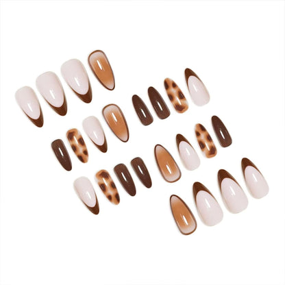 Almond Press on Nails Medium French Tip Fall Fake Nails with Brown Leopard Design Acrylic Nails Glossy False Nails Press ons Full Cover Glue on Nails for Women Manicure 24Pcs