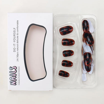 Dark Brown Tortoise Shell Press On Nails, Short Oval Fake Nails 24Pcs