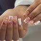 24Pcs Nail Press ons, Medium Press On Nails Almond Nude Pink Fake Nails with Cat's Eye Glossy High-end Design, Acrylic Artificial False Stick On Nails for Women Girls