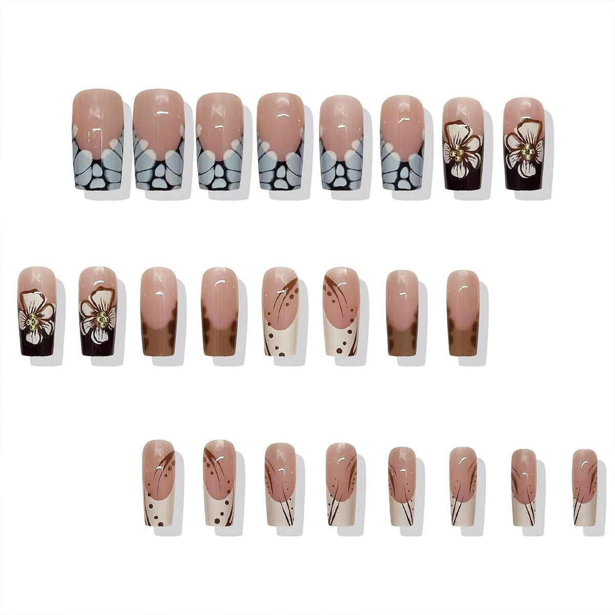 French Tip Press on Nails Medium Square Fake Nails Glossy Autumn Brown Leopard Print Coffin False Nails Cute White Flowers with Gold Bead Designs Reusable Floral Glue on Nails for Women 24Pcs