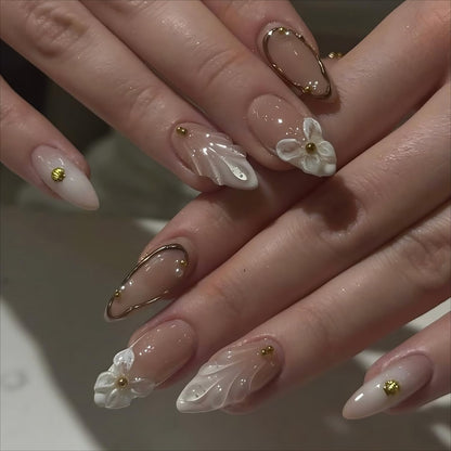 Spring Press On Nails French Fake Nails Medium Almond False Nails With Flower Pearl Designs Acrylic Nail Press Ons Full Cover Glue On Nails Glossy Stick On Nails For Women Manicure 24Pcs