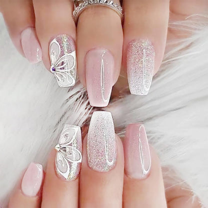 24pcs Short Square Press on Nails French Tip Fake Nails White Flower with Star Design Glitter False Nails Luxury Nail Charms Crafts White Stripes Glue on Nails for Women Manicure Tips