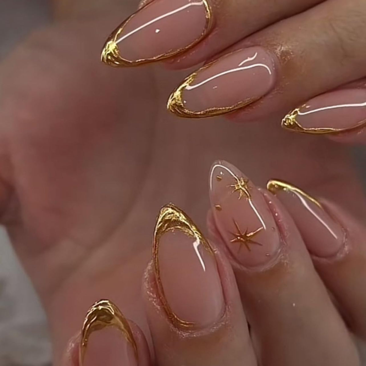 Spring Fake Acrylic Press On Nails – Starry Sky Designer False Nails Medium Almond, Salon Quality, Glossy Reusable Stick-On Nails for Weddings, Outdoor Picnics & Parties | Gift for Women
