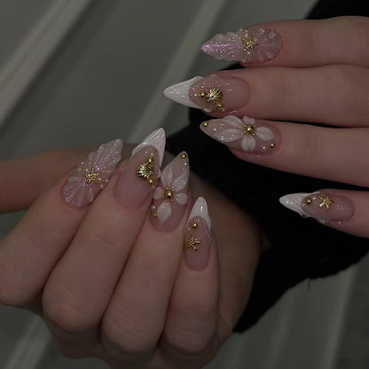 Spring Press On Nails French Fake Nails Medium Almond False Nails With Flower Pearl Designs Acrylic Nail Press Ons Full Cover Glue On Nails Glossy Stick On Nails For Women Manicure 24Pcs