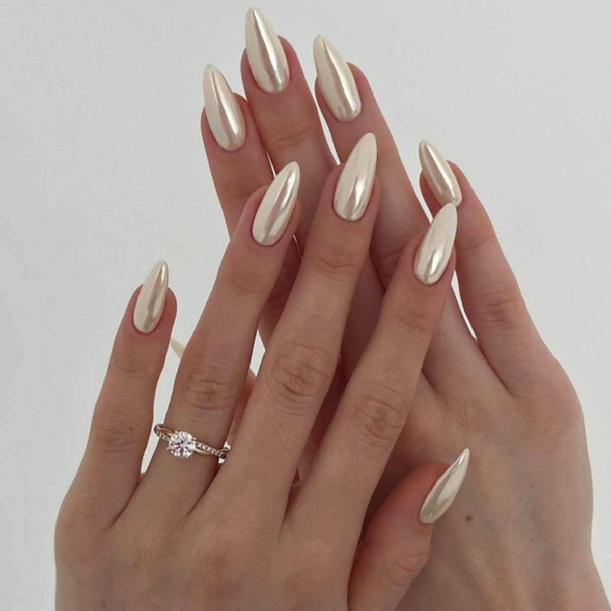 French Tip Press on Nails Almond Medium Fake Nails with Cat Eye Stars Designs Nails Press ons Gold Nude Glue on Nails Natural Artificial Nails Cute Stick on Nails for Women 24Pcs