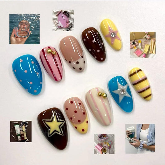 Medium Almond Press On Nails - Cute Pastel Polka Dots, Stripes & Star