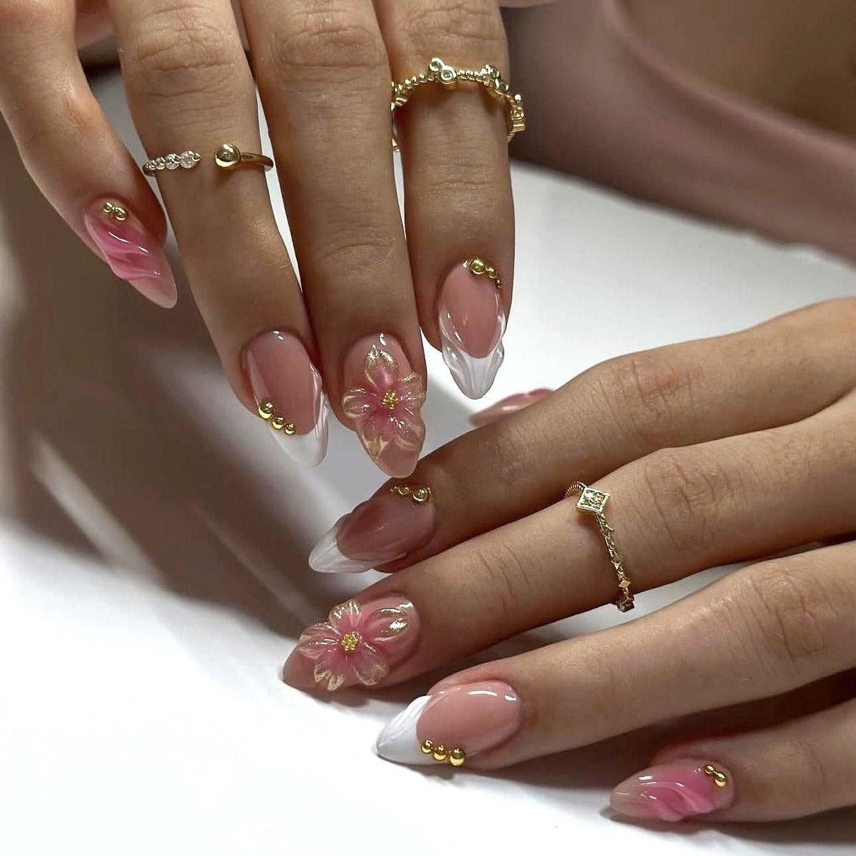 Fall Press on Nails Medium Almond French Tip, 30 Pcs Handmade 3D Flowers Gold Lines Embossed Designs, Glossy Nude Fake Nails, Reusable Glue On Nails, Full Cover Acrylic Nails for Women Brown