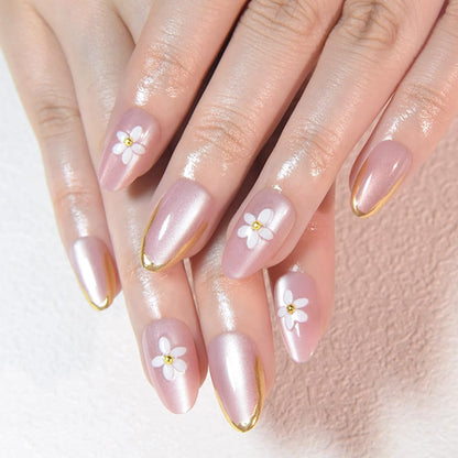 White French Tips Press on Nails, Irregular Gold 3D Lines with Flower & Pearl Design, Reusable Salon Quality Acrylic False Nails for Women, Glue On Nails with Adhesive Tabs for Daily Wear