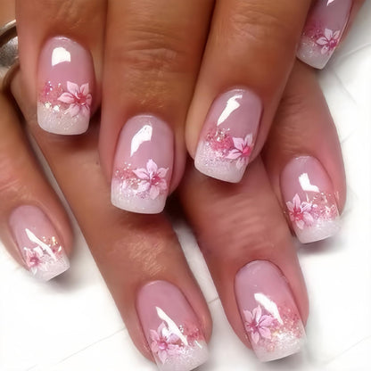 Purple Press On Nails Short Square Black Flowers Line Design Rhinestones