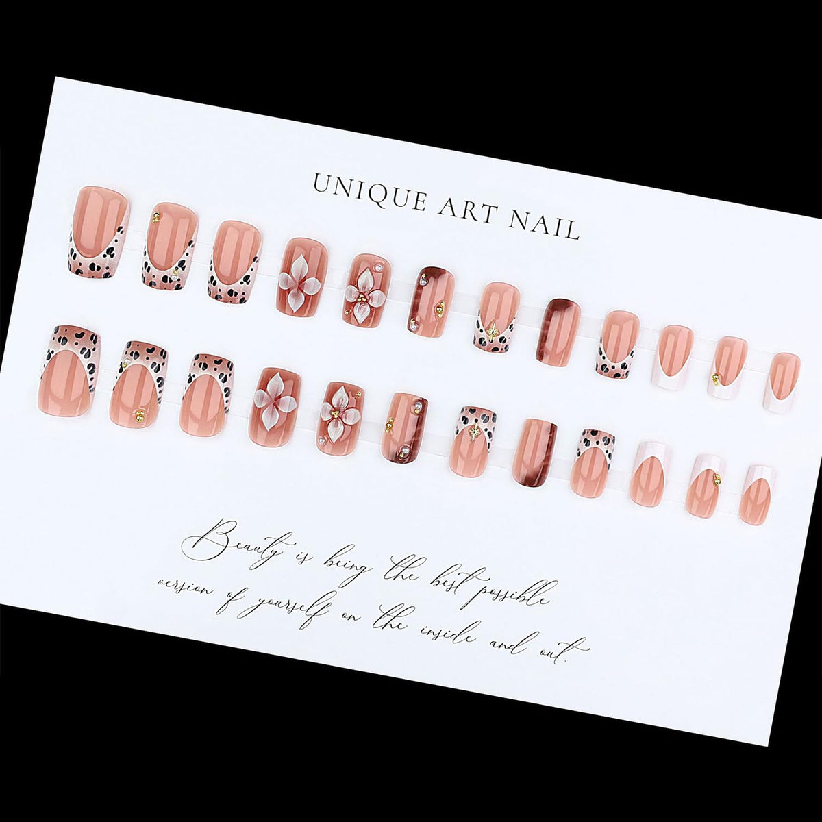 Press on Nails French Tip Fake Nails with Leopard Print 3D Flower Designs Gold Bead Star Medium Square Full Cover Stick on False Nail for Women 24 Pcs