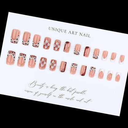 Press on Nails French Tip Fake Nails with Leopard Print 3D Flower Designs Gold Bead Star Medium Square Full Cover Stick on False Nail for Women 24 Pcs