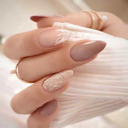 Tyuimhx Medium Almond Press on Nails Nude Fake Nails for Women 24Pcs