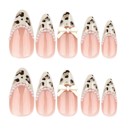 Medium Press On Nails Almond Fake Nails French Tip Nails Press Ons With Leopard Print Designs 3D Bow False Nails Artificial Acrylic Glue On Nail Glossy Stick On Nail For Women Girls