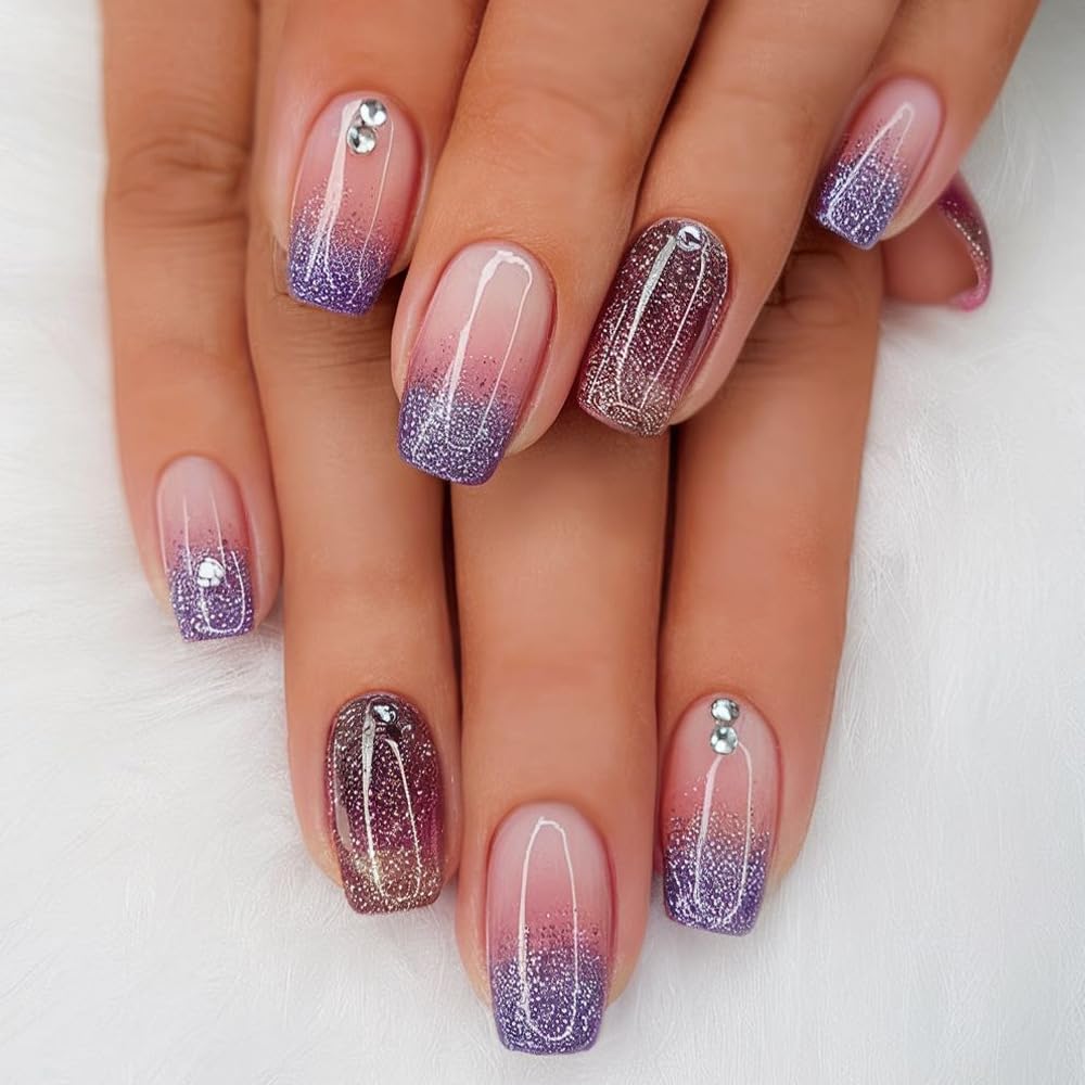 24Pcs Square Press on Nails Medium Length Fake Nails with Rhinestone Designs Bow Pink French Tip False Nails Cute Full Cover Reusable Stick on Nails for Women Girls Manicure Kit