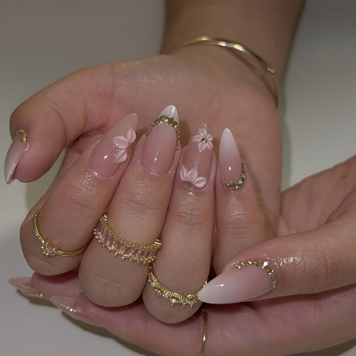 French Tip Press on Nails Medium Almond Fake Nails Brown Fall Nails Press Ons Brown Flower False Nails with Gold Rhinestones Design Glossy Glue on Nail Acrylic Stick on Nail for Women Set 24Pcs