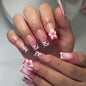 Press on Nails French Tip Fake Nails with Leopard Print 3D Flower Designs Gold Bead Star Medium Square Full Cover Stick on False Nail for Women 24 Pcs
