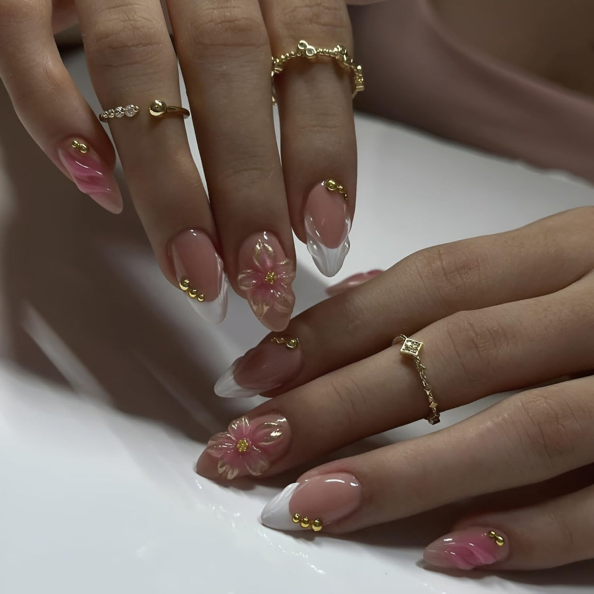 French Tip Press on Nails Medium Almond Fake Nails Brown Fall Nails Press Ons Brown Flower False Nails with Gold Rhinestones Design Glossy Glue on Nail Acrylic Stick on Nail for Women Set 24Pcs