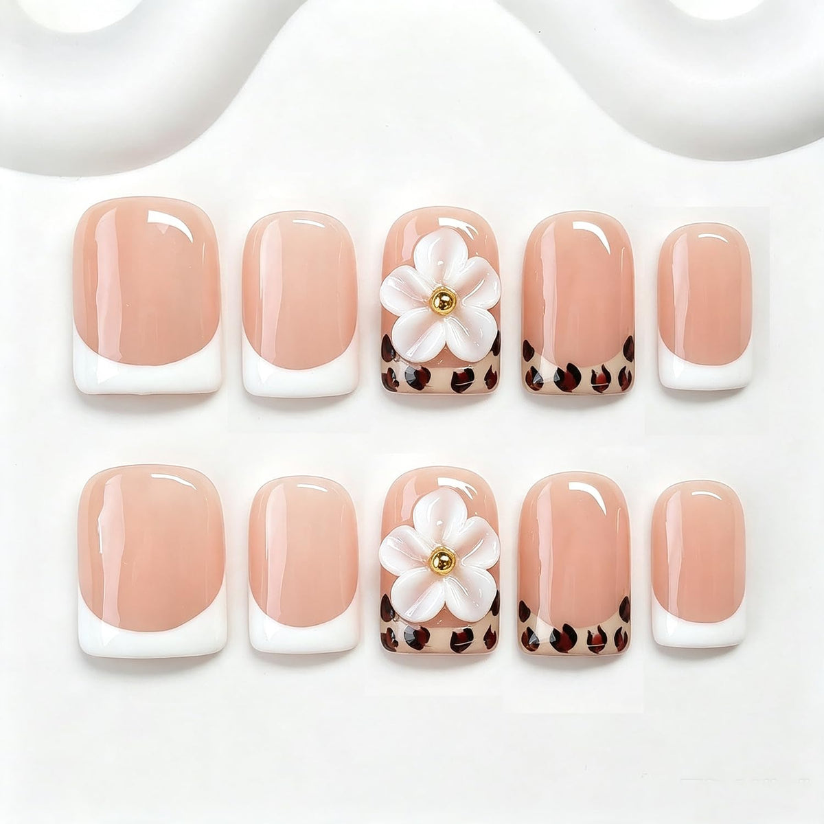 Handmade Press on Nails Short Almond Nude Polka Dot Glossy Reusable Fake Nails, Minimalist Beige Acrylic Press on Nails with White Dot Design for Women Girls 10 PCS(M)