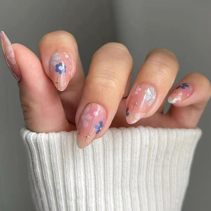 Short Press On Almond Fake Nails - Flower Acrylic Fall Nails Press Ons Full Cover Glue On Cute False Floral Stick On Nails for Women - 30 Pcs