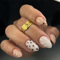 French Tip Press on Nails Short Almond Nude Fake Nails Press on with Polka Dot Design Stripe False Nails Glossy Full Cover Summer Nails for Women 24Pcs