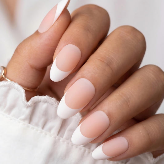 Press On Nails, Short Almond French Tip, Soft Gel Matte Nude Pink, 30 PCS