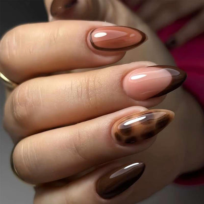Dark Brown Tortoise Shell Press On Nails, Short Oval Fake Nails 24Pcs