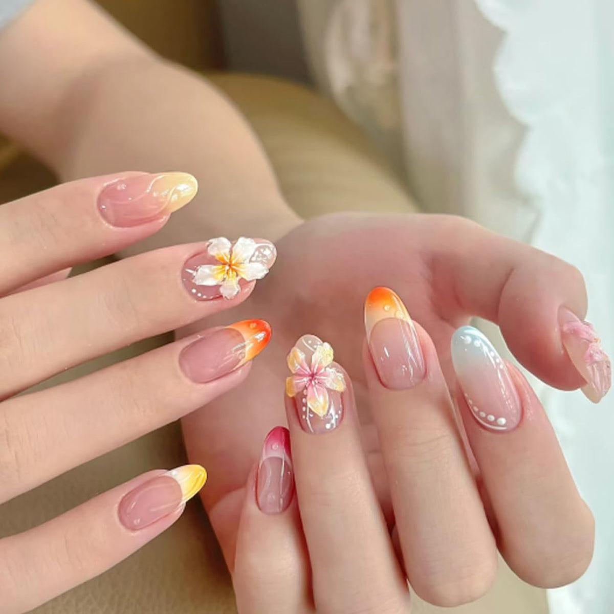 Spring Fake Acrylic Press On Nails – Starry Sky Designer False Nails Medium Almond, Salon Quality, Glossy Reusable Stick-On Nails for Weddings, Outdoor Picnics & Parties | Gift for Women