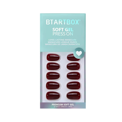 BTArtbox Press On Nails, Short Oval Dark Red Fake Nails, 32Pcs Full Kit