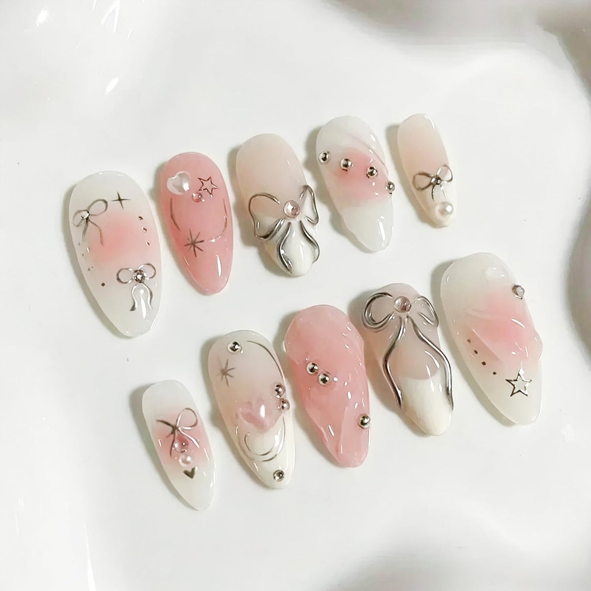 30Pcs Pink Flower Press on Nails Medium Almond Fake Nails Peach Blossom with 3D Rhinestones Pearl Gold Glitter Design Artificial Cute Cat Nails Stick on Nails Spring False Nails for Women Acrylic Nail