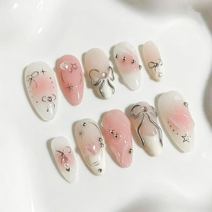 30Pcs Pink Flower Press on Nails Medium Almond Fake Nails Peach Blossom with 3D Rhinestones Pearl Gold Glitter Design Artificial Cute Cat Nails Stick on Nails Spring False Nails for Women Acrylic Nail