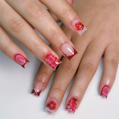 French Tip Press on Nails Short Almond Nude Fake Nails Press on with Polka Dot Design Stripe False Nails Glossy Full Cover Summer Nails for Women 24Pcs