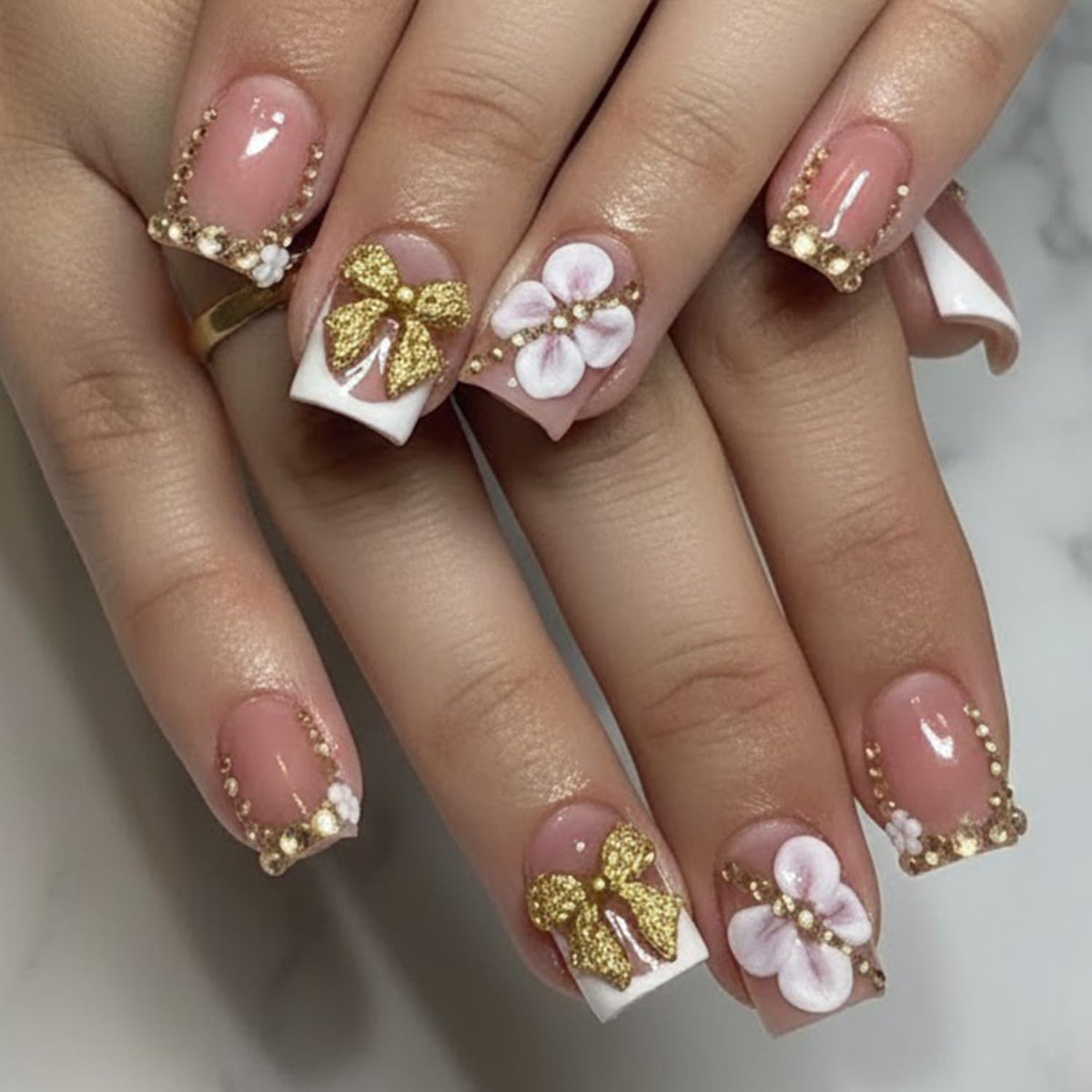 Press on Nails French Tip Fake Nails with Leopard Print 3D Flower Designs Gold Bead Star Medium Square Full Cover Stick on False Nail for Women 24 Pcs