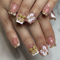 Press on Nails French Tip Fake Nails with Leopard Print 3D Flower Designs Gold Bead Star Medium Square Full Cover Stick on False Nail for Women 24 Pcs
